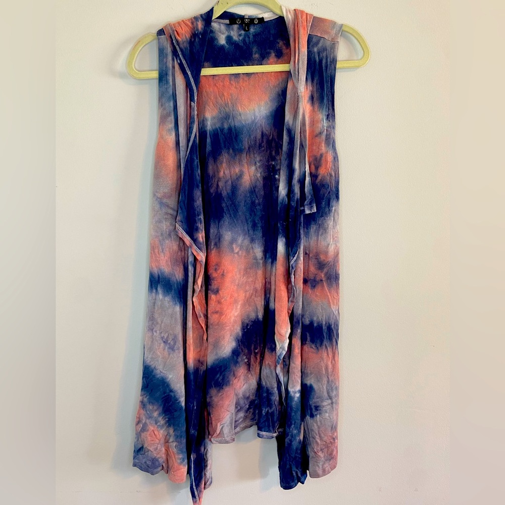 Coin 1904 Tie Dye Festival Hooded Long Sleeveless Cardigan Size Large cover